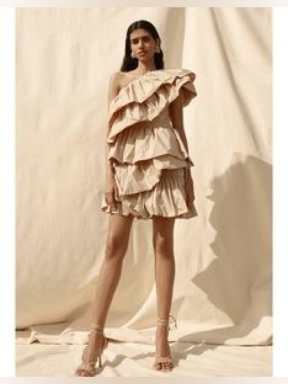 One-Shoulder Tiered Ruffle Mini Dress in Beige - Picture 2 of 11